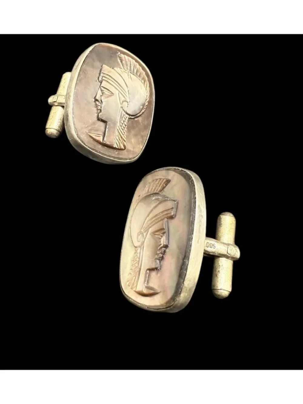 Vintage 900 Silver Hand Carved Abalone MOP Roman Soldier Cufflinks Oval
